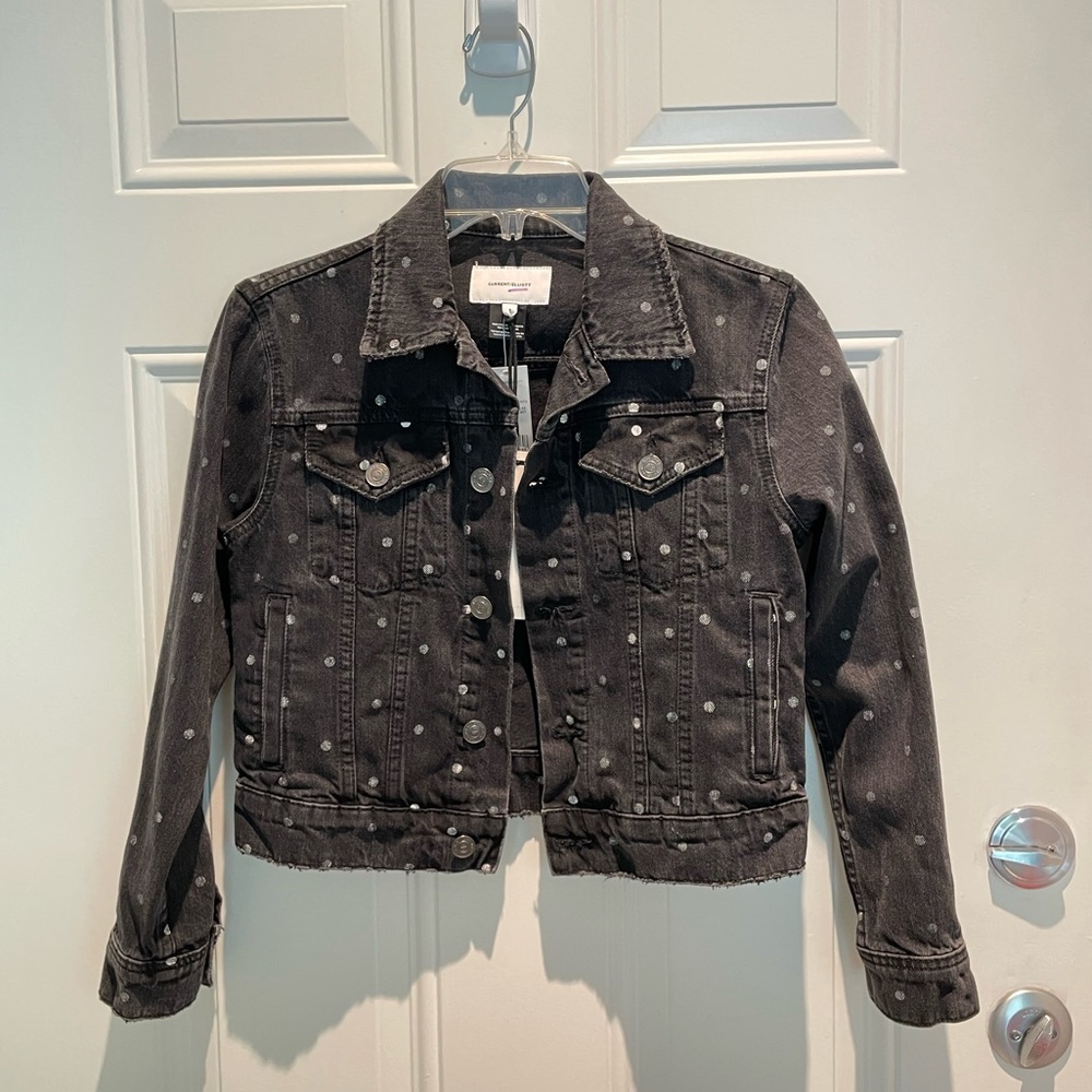 Current Elliott Gray White Polka Dot Crop Jean Denim Jacket NEW Size 1 (XS-S)